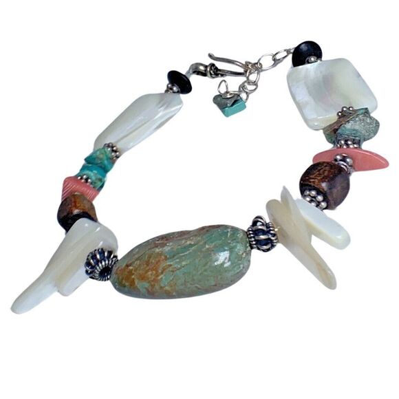Turquoise 925 Sterling Sliver Bracelet 7" Coral Mother Of Pearl Southwestern - Picture 3 of 14
